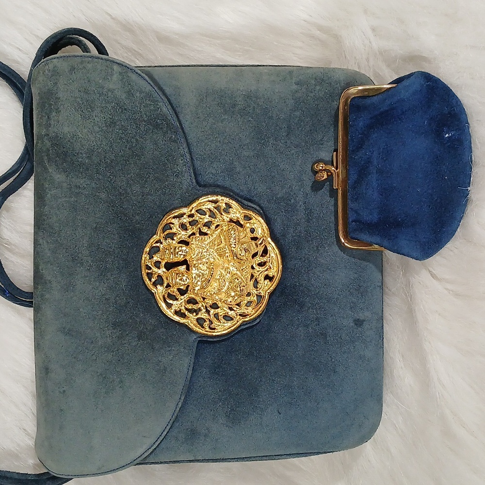 Vintage Judith Leiber Blue Suede Accordion Bag